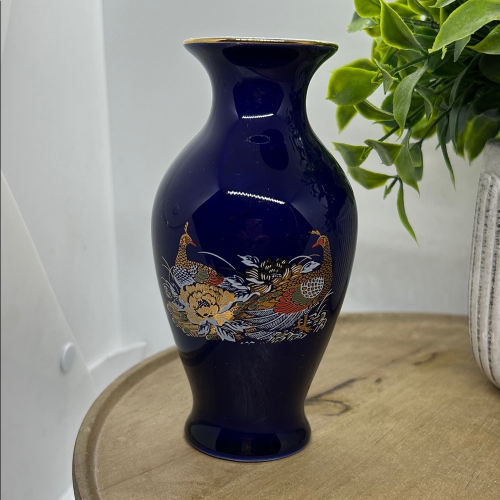 Vtg 5.25“ Vase Cobalt Blue Floral Pheasant Peacock Japan Ceramic 24k Gold Trim